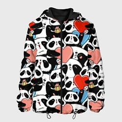 Куртка с капюшоном мужская Панды с сердечками, цвет: 3D-черный
