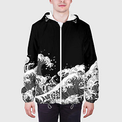 Куртка с капюшоном мужская Японские волны на темном фоне, цвет: 3D-белый — фото 2
