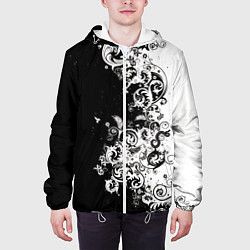 Куртка с капюшоном мужская Черно-белые цветы и колибри, цвет: 3D-белый — фото 2