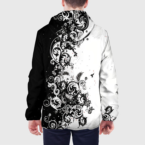 Мужская куртка Черно-белая птица среди узорчатых цветов / 3D-Белый – фото 4