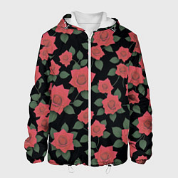 Куртка с капюшоном мужская Алые розы на черном, цвет: 3D-белый