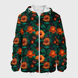 Куртка с капюшоном мужская Оранжевые цветы и зеленые листья, цвет: 3D-белый