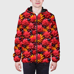Куртка с капюшоном мужская Красные объемные цветочки, цвет: 3D-черный — фото 2