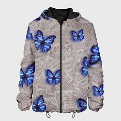 Куртка с капюшоном мужская Газетные обрывки и синие бабочки, цвет: 3D-черный