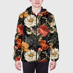 Куртка с капюшоном мужская Цветочный паттерн на черном, цвет: 3D-черный — фото 2