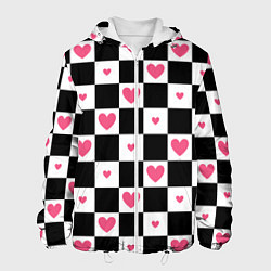 Мужская куртка Розовые сердечки на фоне шахматной черно-белой дос