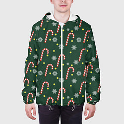 Куртка с капюшоном мужская Рождественский леденец и снежинки узор, цвет: 3D-белый — фото 2