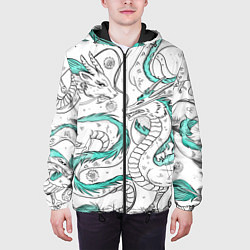 Куртка с капюшоном мужская Дракон Хаку в стиле тату: белый и бирюзовый паттер, цвет: 3D-черный — фото 2