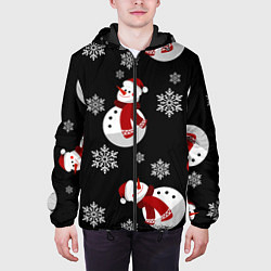 Куртка с капюшоном мужская Снеговички в зимних шапочках со снежинками, цвет: 3D-черный — фото 2