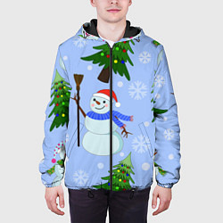 Куртка с капюшоном мужская Снеговики с новогодними елками паттерн, цвет: 3D-черный — фото 2