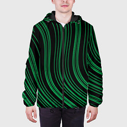 Куртка с капюшоном мужская Абстракция зелёные линии на чёрном, цвет: 3D-черный — фото 2