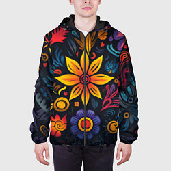 Куртка с капюшоном мужская Растительный узор в латино-американском стиле, цвет: 3D-черный — фото 2