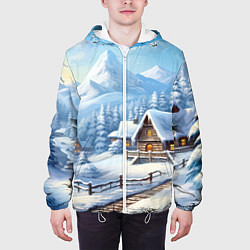 Куртка с капюшоном мужская Новогодняя зимняя деревня, цвет: 3D-белый — фото 2