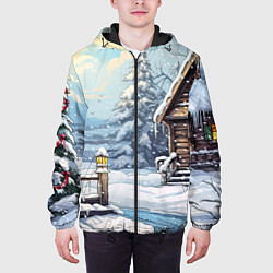 Куртка с капюшоном мужская Деревянный зимний домик, цвет: 3D-черный — фото 2
