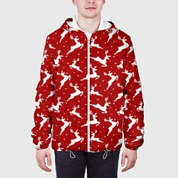Куртка с капюшоном мужская Красный паттерн с новогодними оленями, цвет: 3D-белый — фото 2