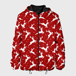 Куртка с капюшоном мужская Красный паттерн с новогодними оленями, цвет: 3D-черный