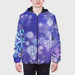 Куртка с капюшоном мужская Крупные снежинки на фиолетовом, цвет: 3D-черный — фото 2