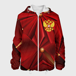Куртка с капюшоном мужская Золотой герб России на красной абстракции, цвет: 3D-белый