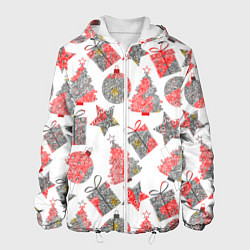Куртка с капюшоном мужская Праздничные узоры подарки, цвет: 3D-белый