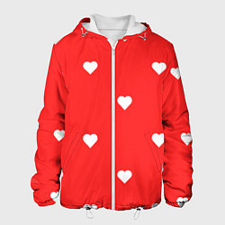 Куртка с капюшоном мужская Белые сердца на красном фоне, цвет: 3D-белый