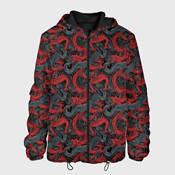 Куртка с капюшоном мужская Красные драконы на сером фоне, цвет: 3D-черный
