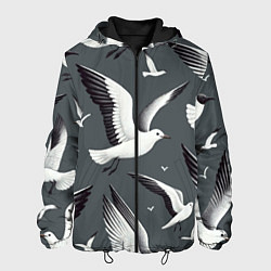 Куртка с капюшоном мужская Белый силуэт Чайки на сером - морской паттерн, цвет: 3D-черный