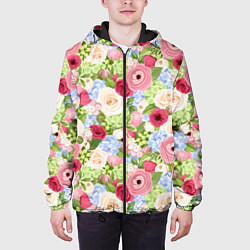 Куртка с капюшоном мужская Фон с розами, лютиками и гортензиями, цвет: 3D-черный — фото 2