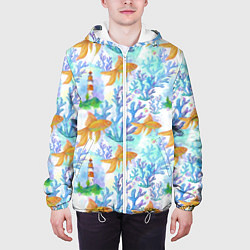 Куртка с капюшоном мужская Золотая рыбка и кораллы акварельные, цвет: 3D-белый — фото 2