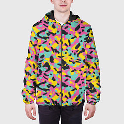 Куртка с капюшоном мужская Пиксельный камуфляжный паттерн в неоновых цветах, цвет: 3D-черный — фото 2