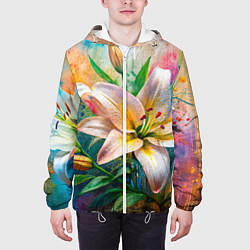 Куртка с капюшоном мужская Лилии абстракция гранж, цвет: 3D-белый — фото 2