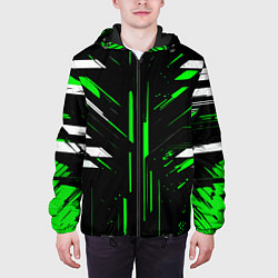 Куртка с капюшоном мужская Зелёно-белые полосы и точки на чёрном фоне, цвет: 3D-черный — фото 2
