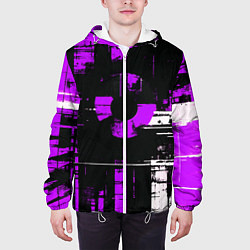 Куртка с капюшоном мужская Фиолетово-белый гранж на чёрном фоне, цвет: 3D-белый — фото 2