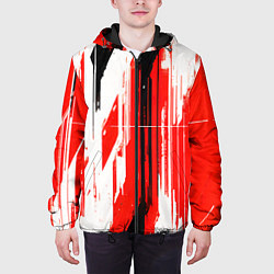 Куртка с капюшоном мужская Вертикальные чёрно-белые линии на красном фоне, цвет: 3D-черный — фото 2