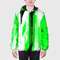 Куртка с капюшоном мужская Вертикальные чёрно-белые линии на зелёном фоне, цвет: 3D-черный — фото 2