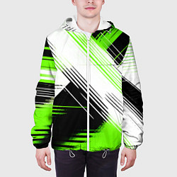 Куртка с капюшоном мужская Диагональные бело-зелёные линии на чёрном фоне, цвет: 3D-белый — фото 2