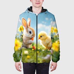 Куртка с капюшоном мужская Кролик и цыпленок встречают Пасху, цвет: 3D-черный — фото 2