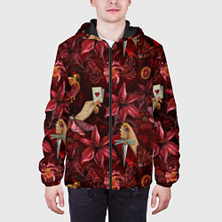 Куртка с капюшоном мужская Бордовая готика с сердцем, лилиями и мотыльками, цвет: 3D-черный — фото 2