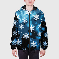 Куртка с капюшоном мужская Стилизованный паттерн со снежинками тёмно-синий, цвет: 3D-черный — фото 2