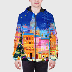 Куртка с капюшоном мужская Разноцветные новогодние домики, цвет: 3D-черный — фото 2