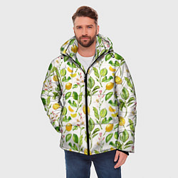 Куртка зимняя мужская Летний узор лимон ветки листья, цвет: 3D-черный — фото 2