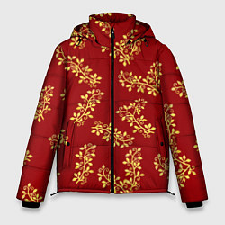 Куртка зимняя мужская Золотые веточки на ярко красном фоне, цвет: 3D-светло-серый