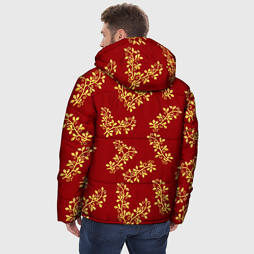 Мужская зимняя куртка Золотые веточки на ярко красном фоне / 3D-Красный – фото 4