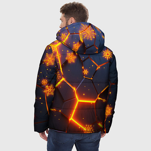 Мужская зимняя куртка НОВОГОДНИЕ ОГНЕННЫЕ 3D ПЛИТЫ FIRE NEON HEXAGON / 3D-Светло-серый – фото 4