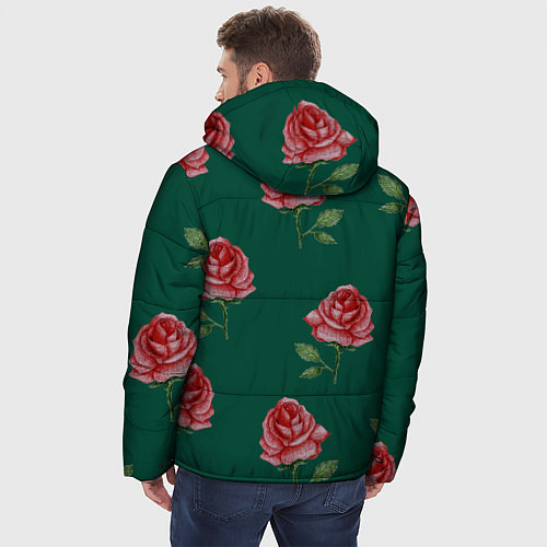 Мужская зимняя куртка Ярко красные розы на темно-зеленом фоне / 3D-Светло-серый – фото 4