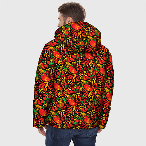 Мужская зимняя куртка Желтые и красные цветы, птицы и ягоды хохлома / 3D-Черный – фото 4