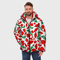 Куртка зимняя мужская Цветы Красные Маки на белом фоне, цвет: 3D-красный — фото 2