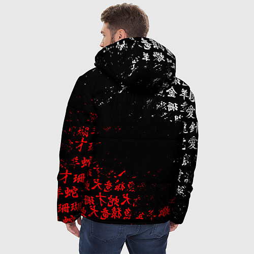 Мужская зимняя куртка КРАСНО БЕЛЫЕ ИЕРОГЛИФЫ ЯПОНИЯ БРЫЗГИ / 3D-Черный – фото 4
