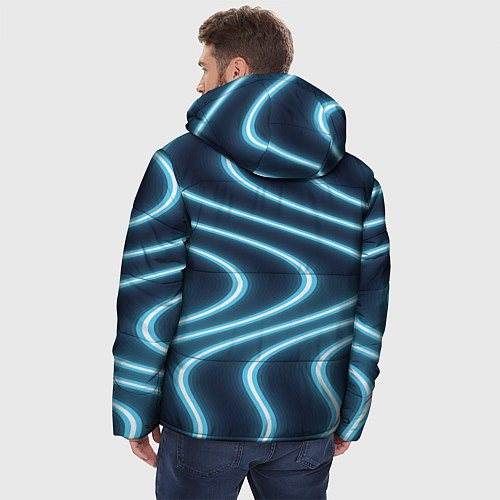 Мужская зимняя куртка Неоновый свет Волны голубые на темном фоне / 3D-Черный – фото 4