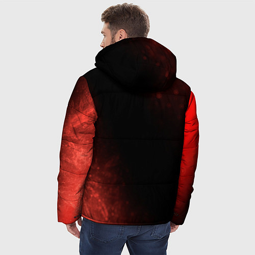 Мужская зимняя куртка Надпись и лицо Huggy Wuggy на темном фоне с огнем / 3D-Черный – фото 4