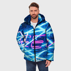 Куртка зимняя мужская Неоновые лучи и буквы - Голубой, цвет: 3D-черный — фото 2